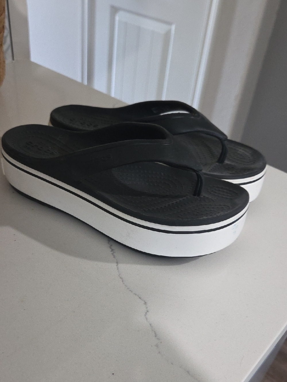 CROCS Black Platform Thong Sandals with White Midsole